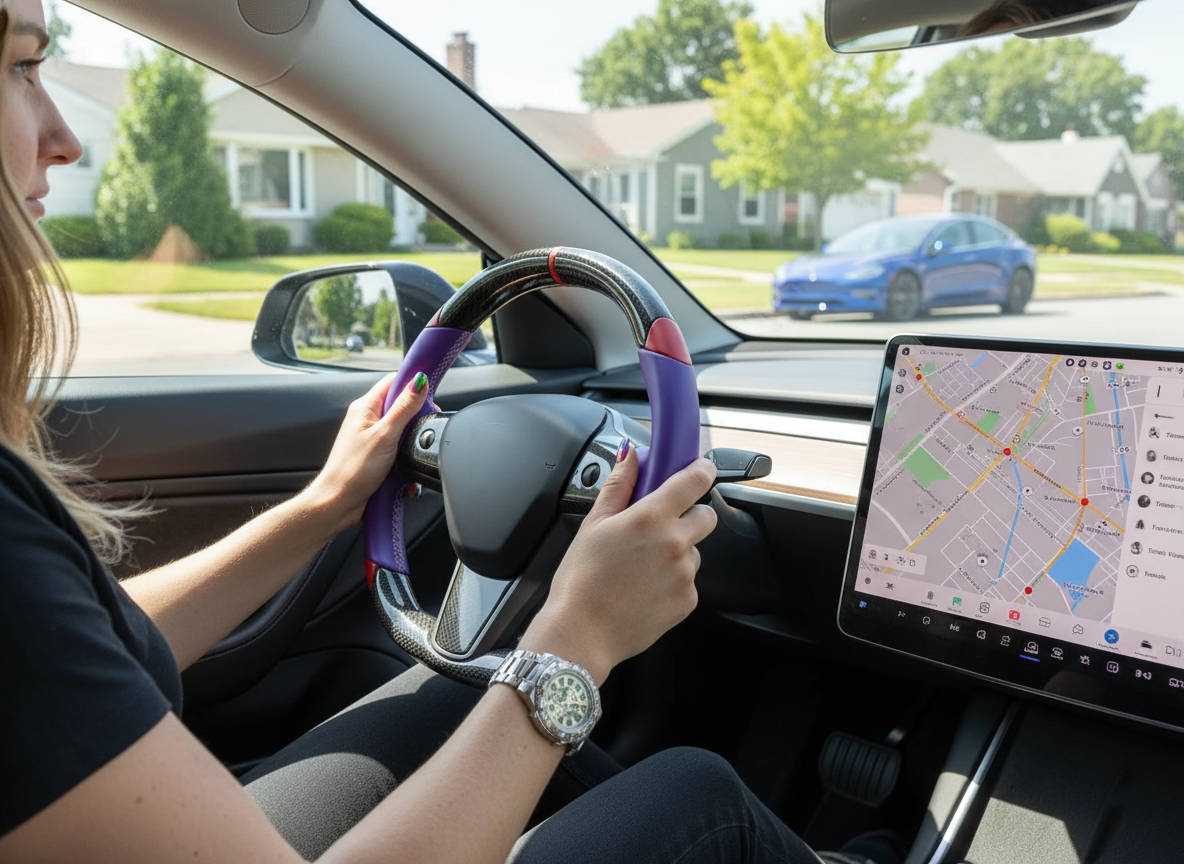 Purple and red Carbon Fiber Tesla Model 3 Custom Steering Wheel -DYNA(2017-2023.9) Axeco
