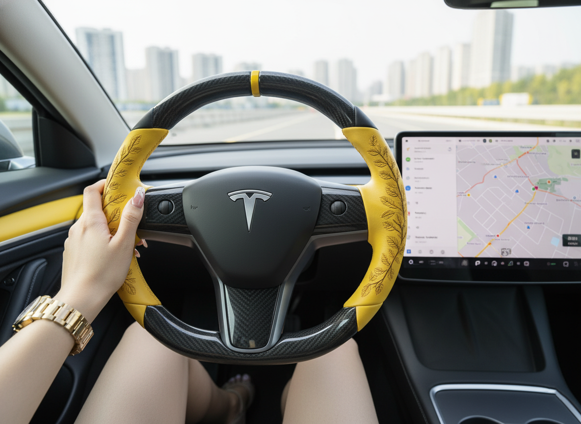 Yellow Leaf Vein Pattern Carbon Fiber Tesla Model Y Steering Wheel - DYNA (2020-2024) Axeco