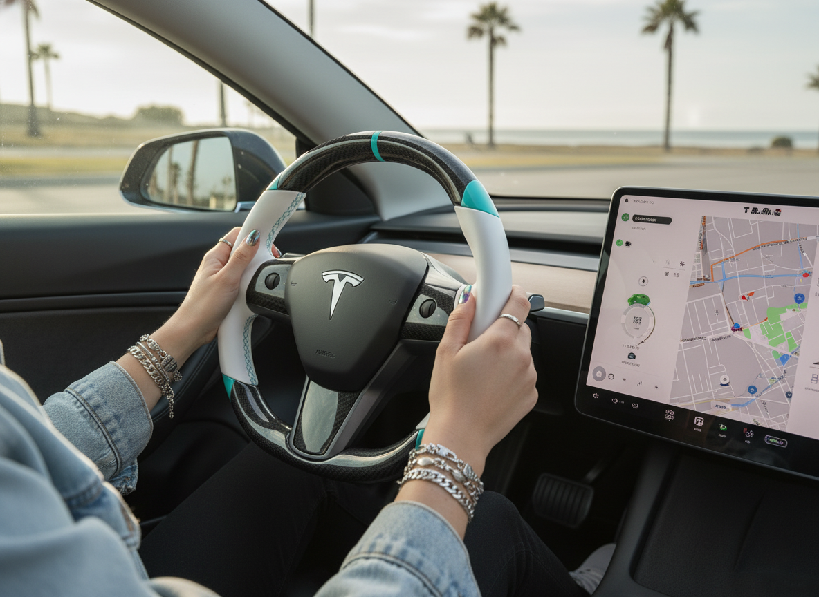 White and light blue leather black carbon fiber Tesla Model Y steering wheel - DYNA (2020-2024) Axeco