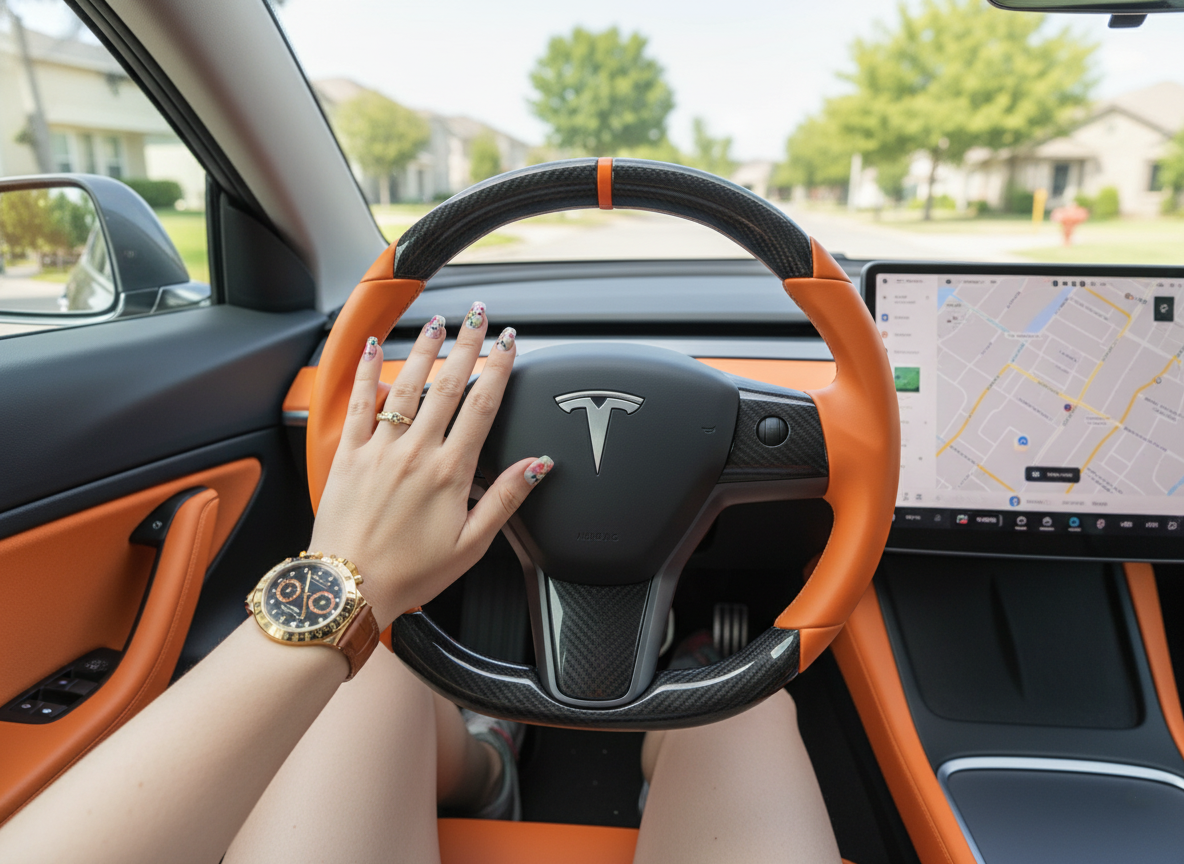 Hermès Orange Carbon Fiber Tesla Model Y Steering Wheel - DYNA (2020-2024) Axeco