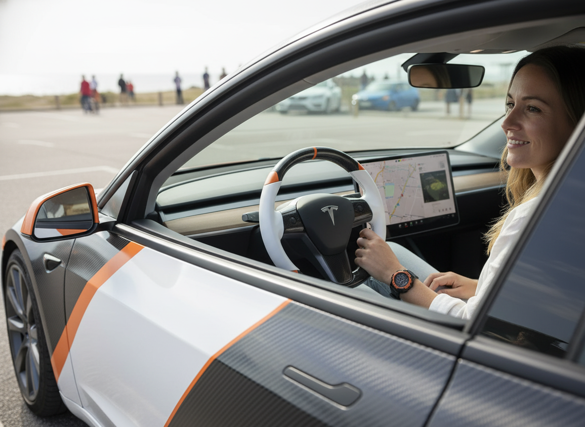 White and orange Carbon Fiber Tesla Model 3 Custom Steering Wheel -DYNA(2017-2023.9) Axeco