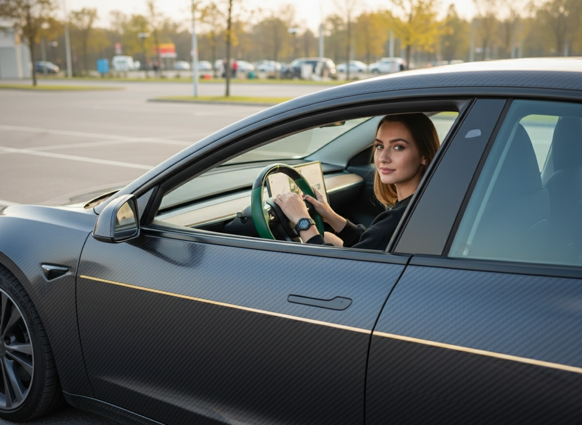 Green and black Carbon Fiber Tesla Model 3 Steering Wheel -DYNA(2017-2023.9) Axeco