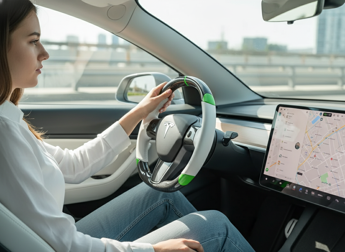 White and green leather black carbon fiber Tesla Model Y steering wheel - DYNA (2020-2024) Axeco