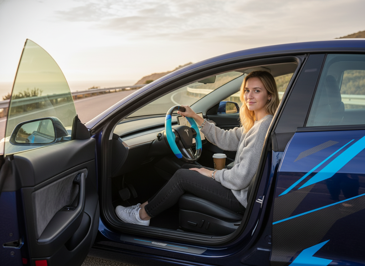 light blue leather black carbon fiber Tesla Model Y steering wheel - DYNA (2020-2024) Axeco