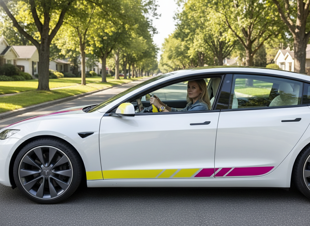 Yellow and pink Carbon Fiber Tesla Model 3 Custom Steering Wheel -DYNA(2017-2023.9) Axeco