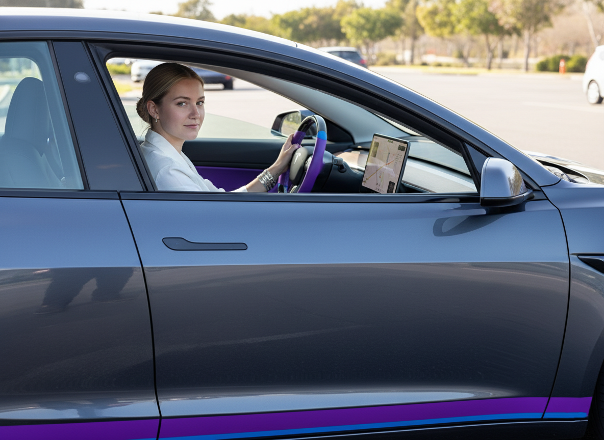 Purple and blue leather black carbon fiber Tesla Model Y steering wheel - DYNA (2020-2024) Axeco