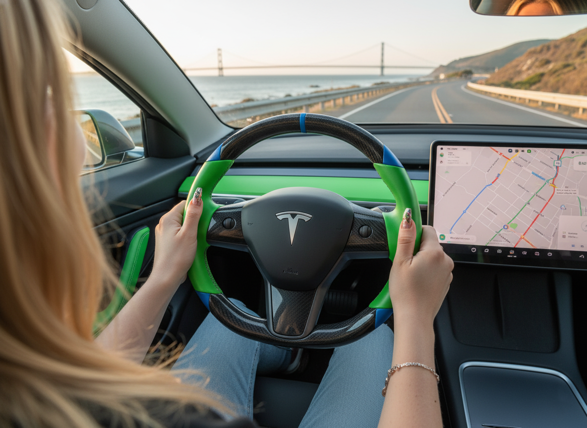 Green and blue leather black carbon fiber Tesla Model Y steering wheel - DYNA (2020-2024) Axeco