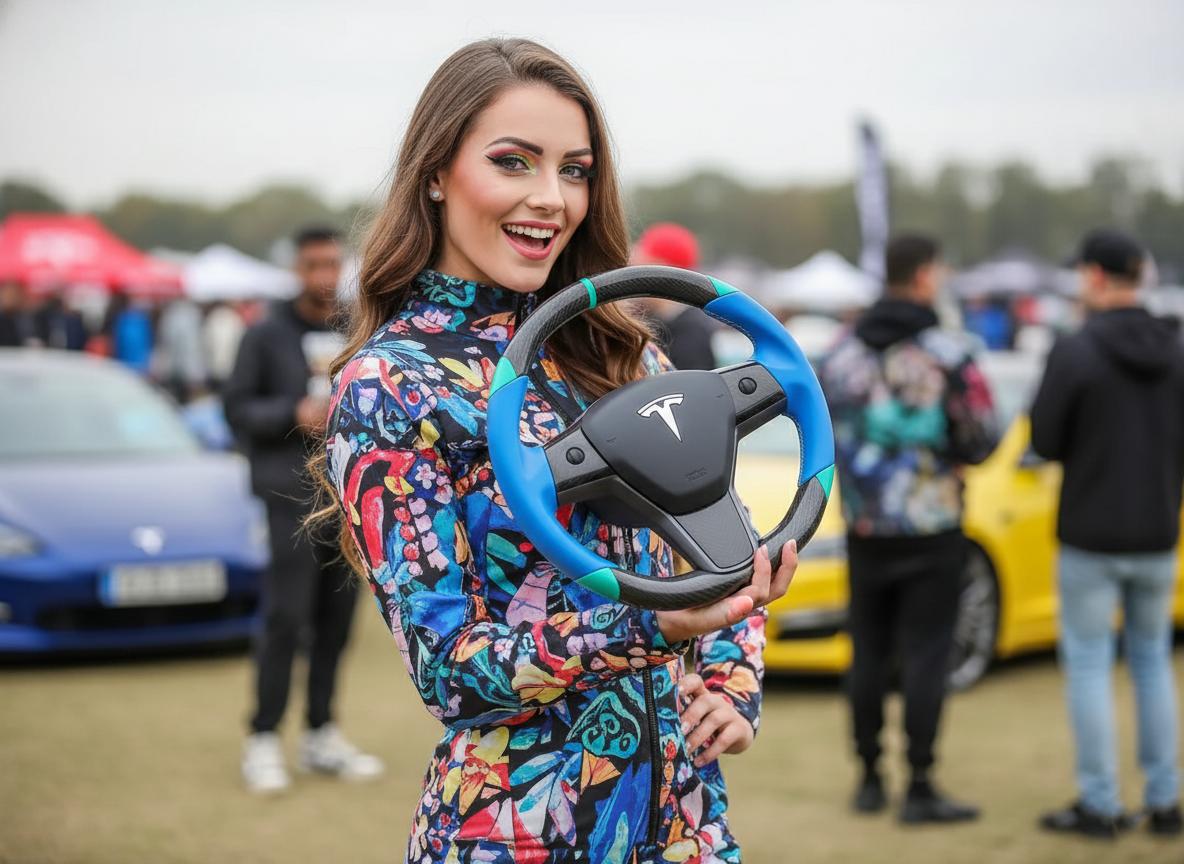 Blue and light blue leather black carbon fiber Tesla Model Y steering wheel - DYNA (2020-2024) Axeco