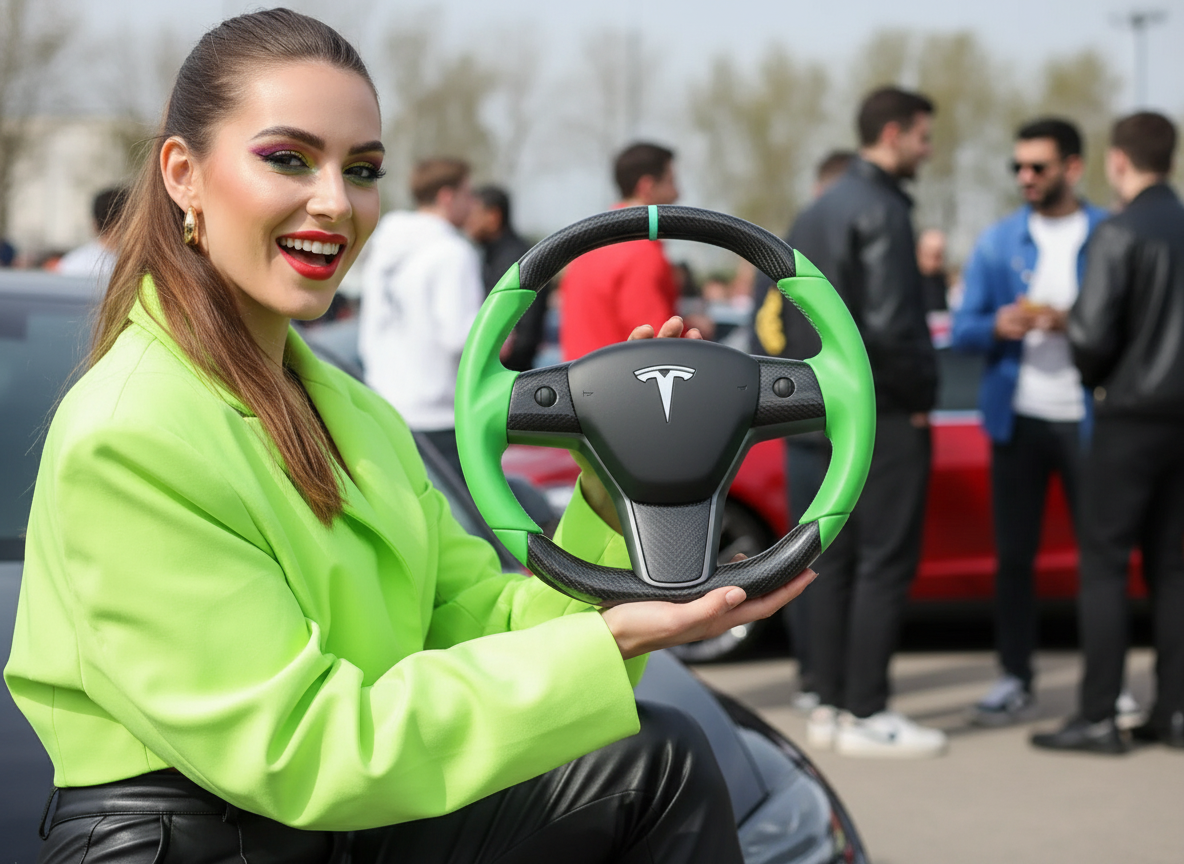 Green leather black carbon fiber Tesla Model Y steering wheel - DYNA (2020-2024) Axeco