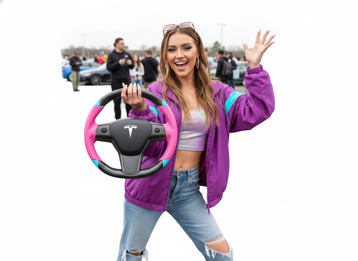 Pink and light blue leather black carbon fiber Tesla Model Y steering wheel - DYNA (2020-2024) Axeco