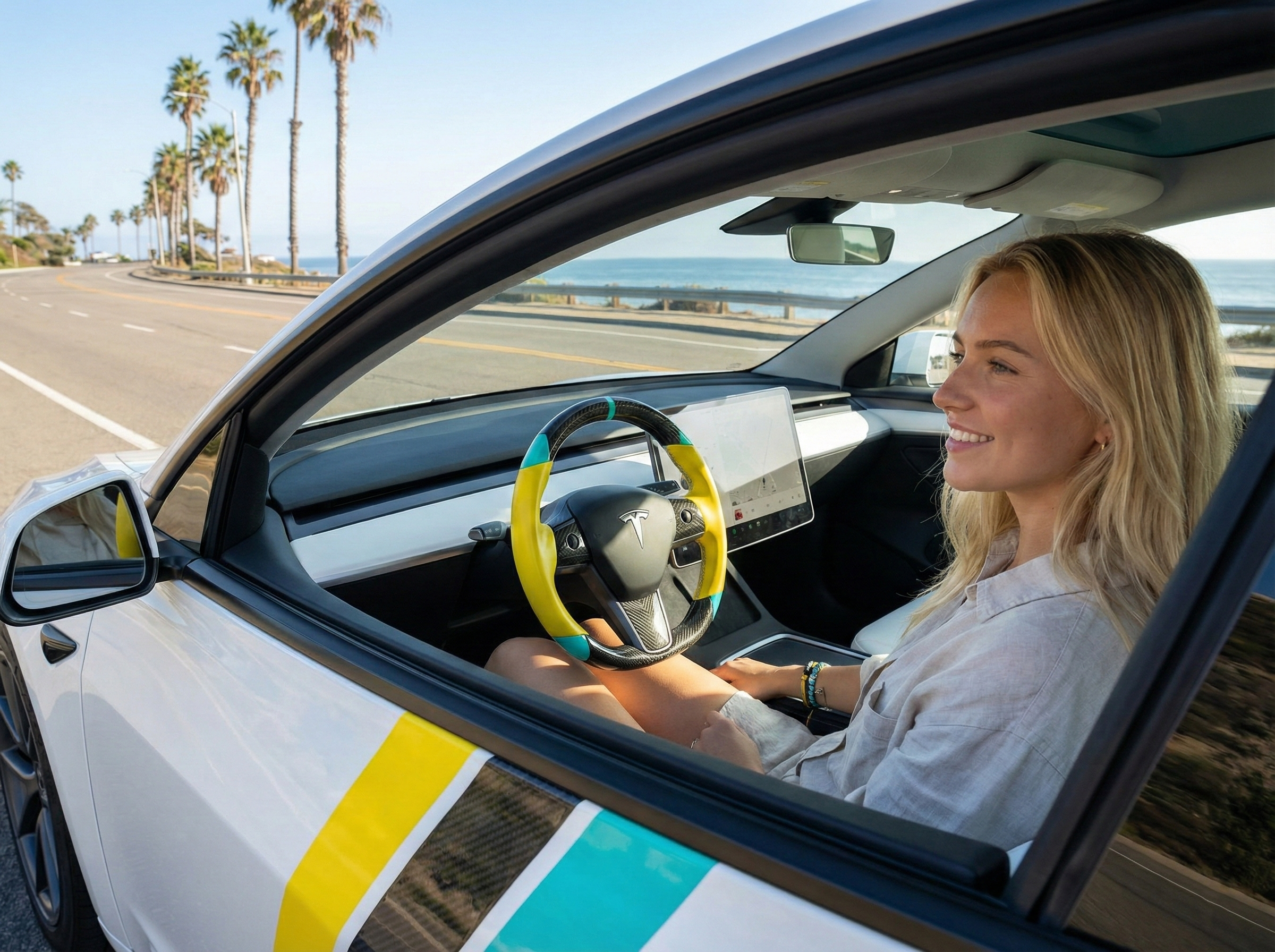Yellow and light blue leather black carbon fiber Tesla Model Y steering wheel - DYNA (2020-2024) Axeco