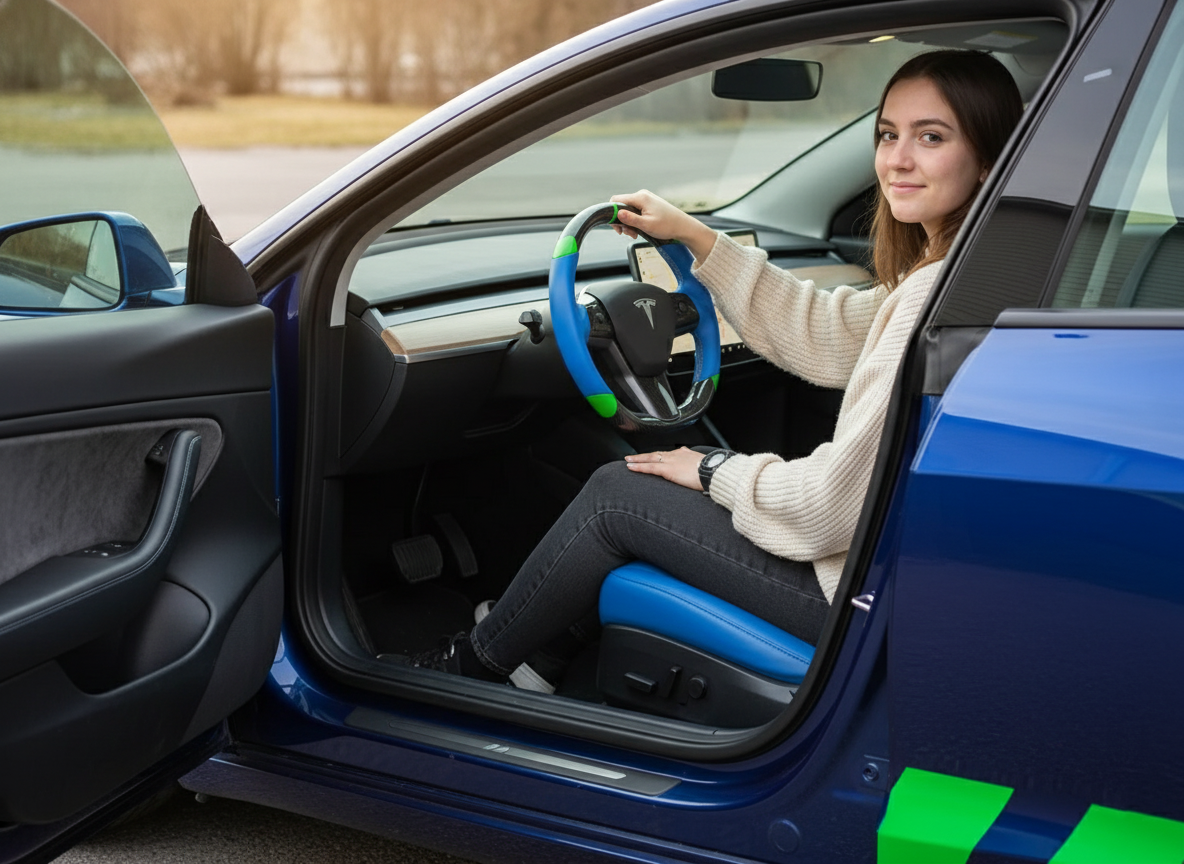 Blue and green leather black carbon fiber Tesla Model Y steering wheel - DYNA (2020-2024) Axeco