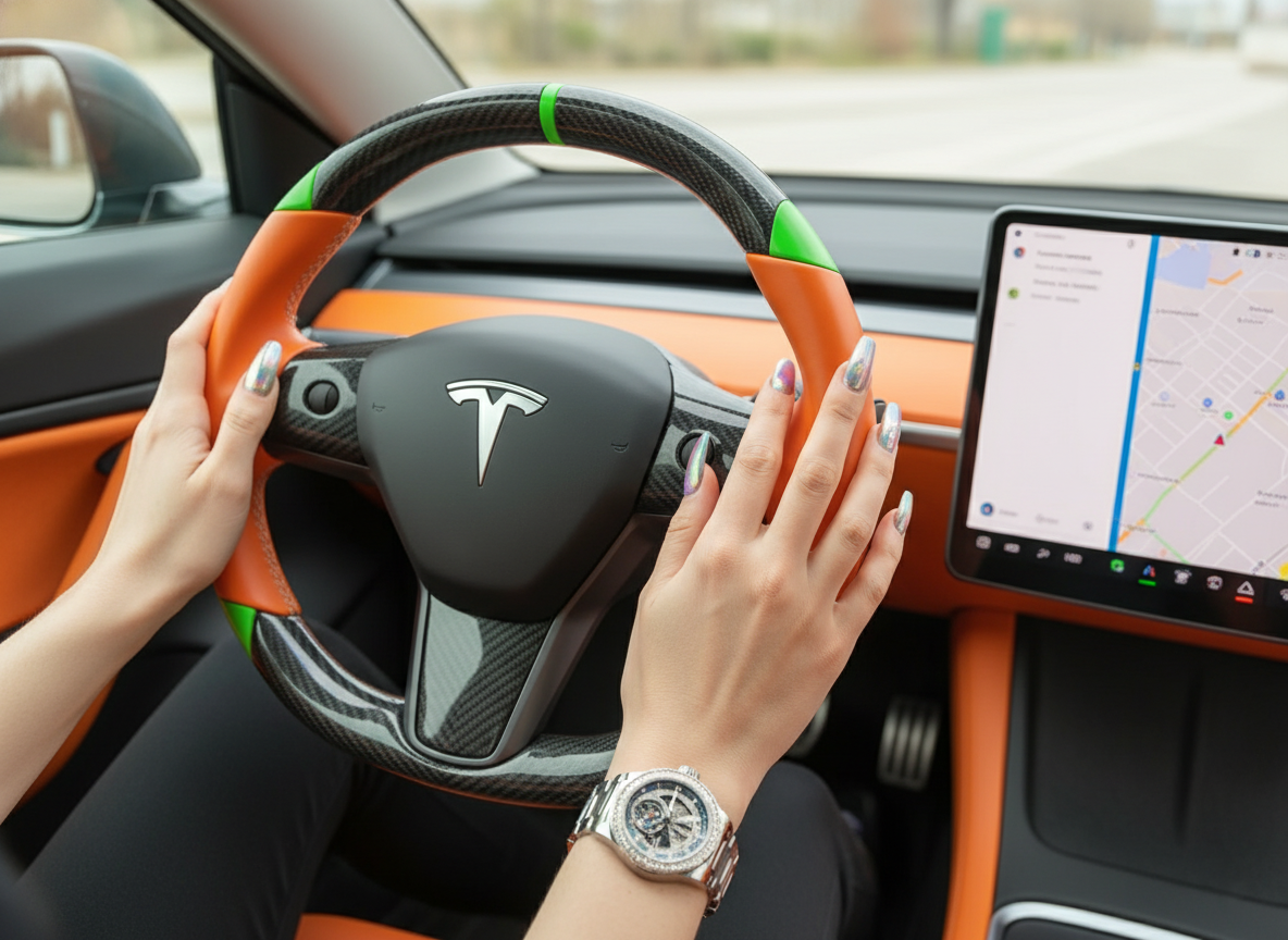 Orange and green leather black carbon fiber Tesla Model Y steering wheel - DYNA (2020-2024) Axeco