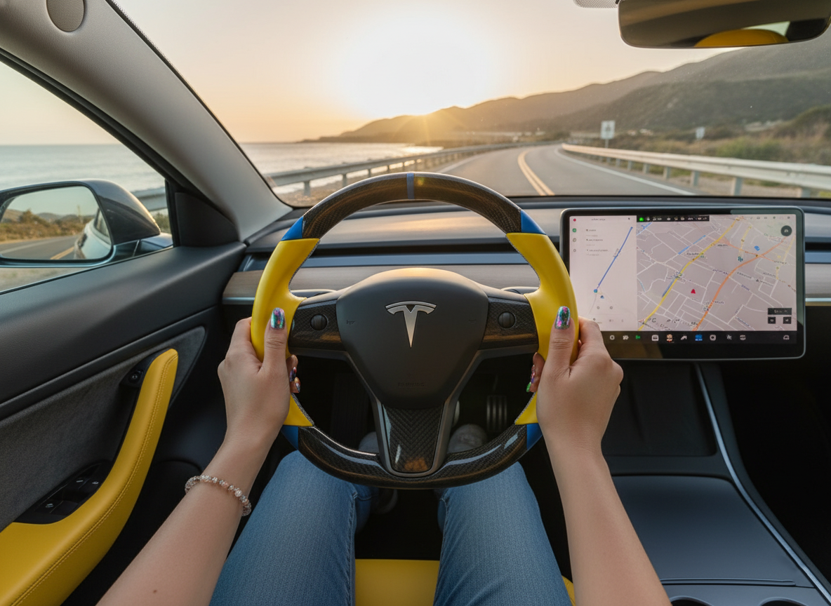 Yellow and blue leather black carbon fiber Tesla Model Y steering wheel - DYNA (2020-2024) Axeco