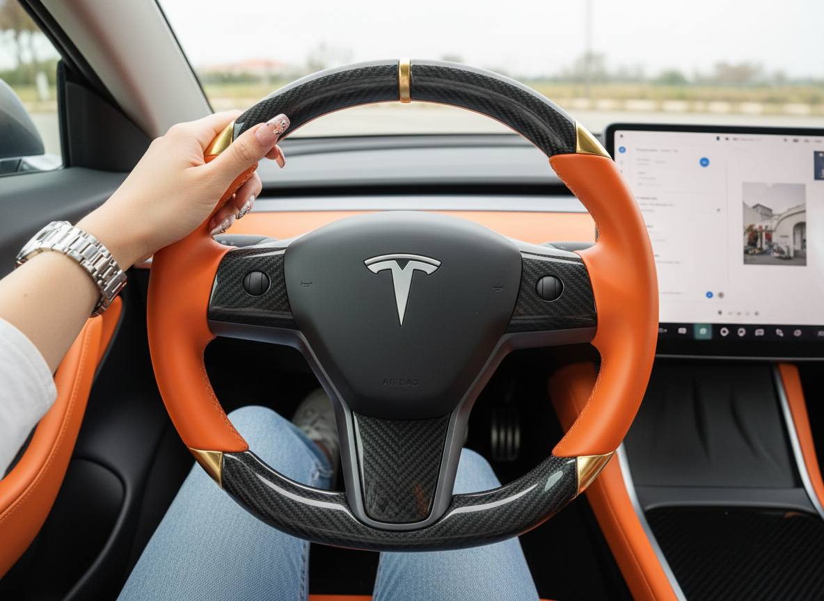 Orange and gold leather black carbon fiber Tesla Model Y steering wheel - DYNA (2020-2024) Axeco
