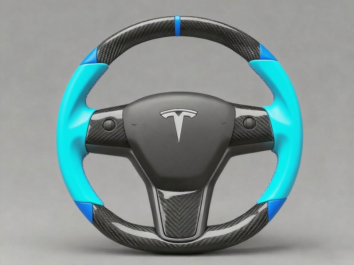 light blue leather black carbon fiber Tesla Model Y steering wheel - DYNA (2020-2024) Axeco
