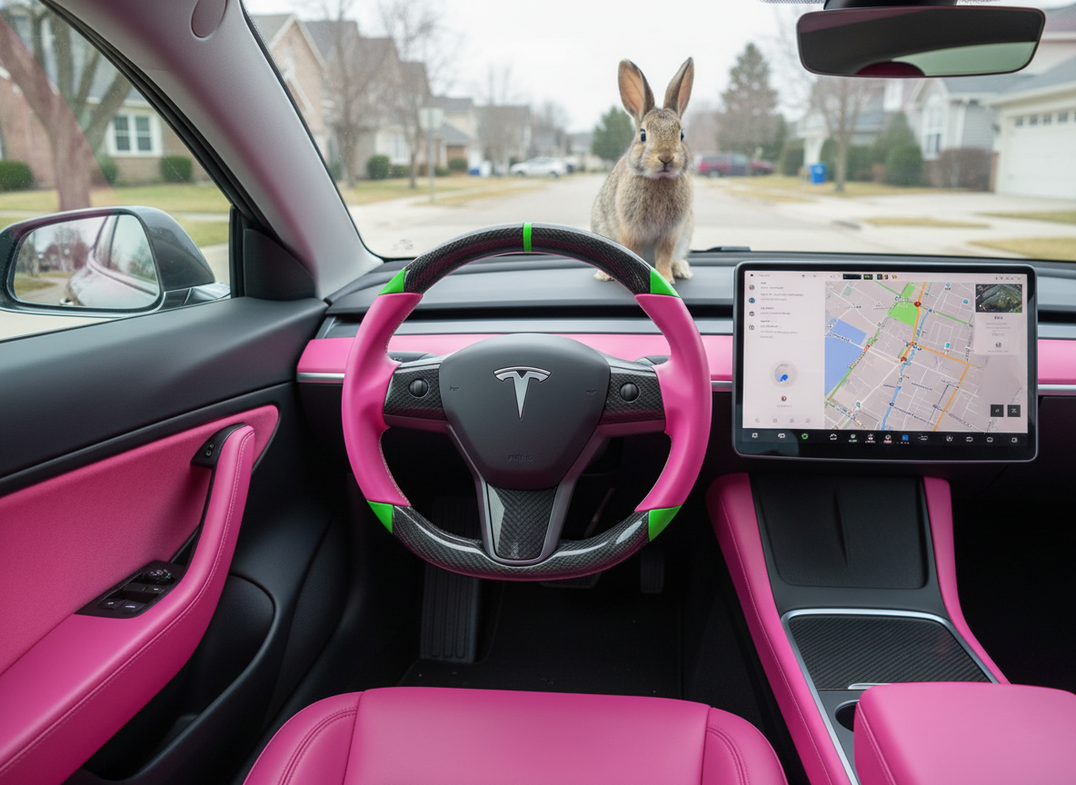 Pink and green leather black carbon fiber Tesla Model Y steering wheel - DYNA (2020-2024) Axeco