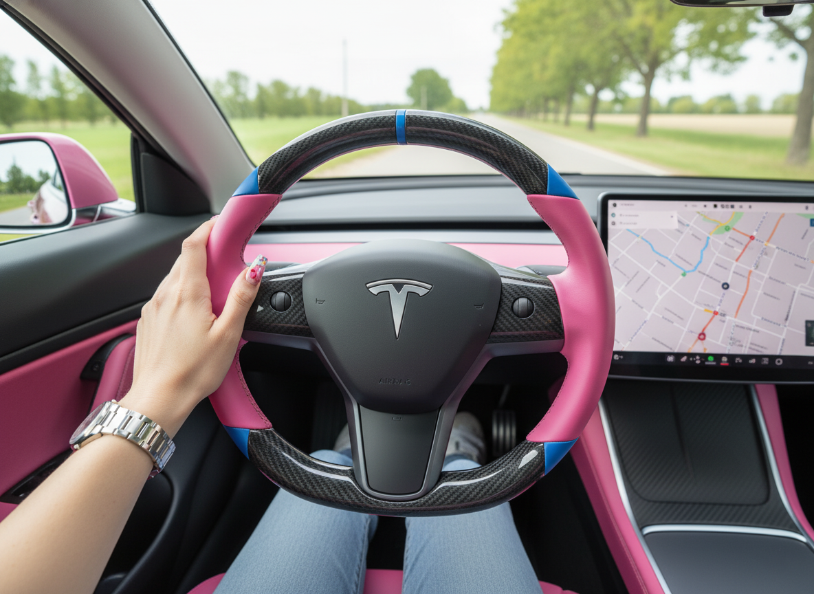 Pink and blue leather black carbon fiber Tesla Model Y steering wheel - DYNA (2020-2024) Axeco