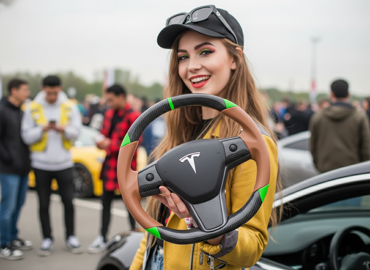 Brown and green leather black carbon fiber Tesla Model Y steering wheel - DYNA (2020-2024) Axeco