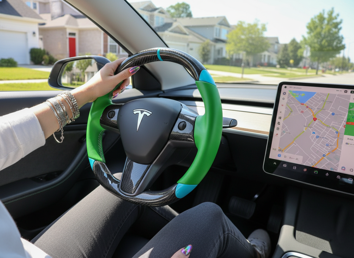 Green and light blue leather black carbon fiber Tesla Model Y steering wheel - DYNA (2020-2024) Axeco