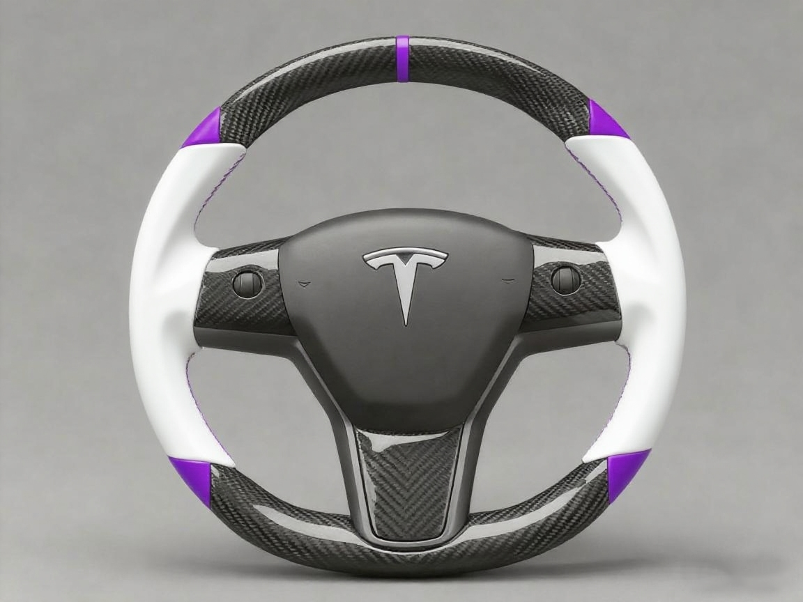 White and purple leather black carbon fiber Tesla Model Y steering wheel - DYNA (2020-2024) Axeco