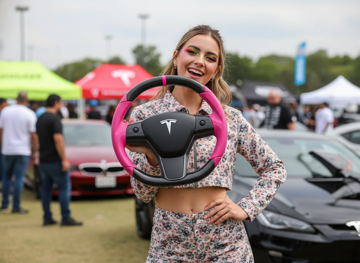 Pink Carbon Fiber Tesla Model Y Steering Wheel - DYNA (2020-2024) Axeco