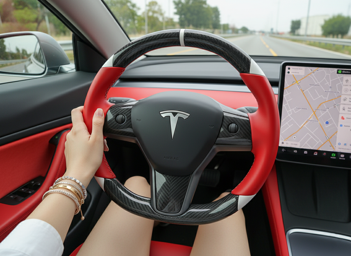 Red and white Carbon Fiber Tesla Model 3 Custom Steering Wheel -DYNA(2017-2023.9) Axeco