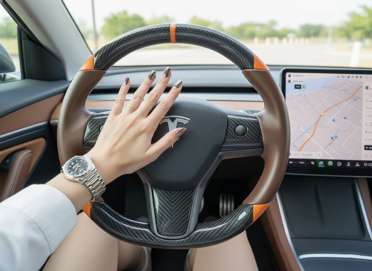 Brown and orange Carbon Fiber Tesla Model 3 Custom Steering Wheel -DYNA(2017-2023.9) Axeco