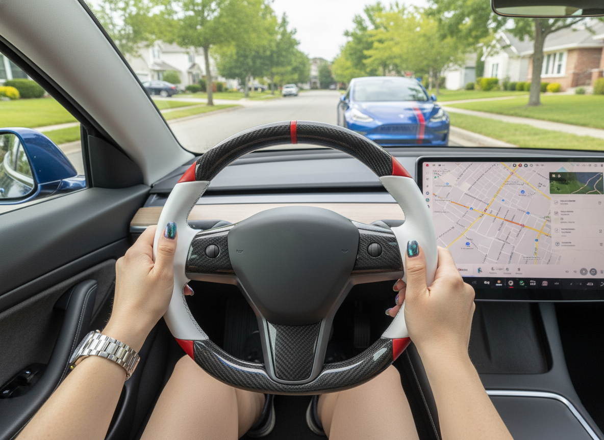White and red Carbon Fiber Tesla Model 3 Custom Steering Wheel -DYNA(2017-2023.9) Axeco