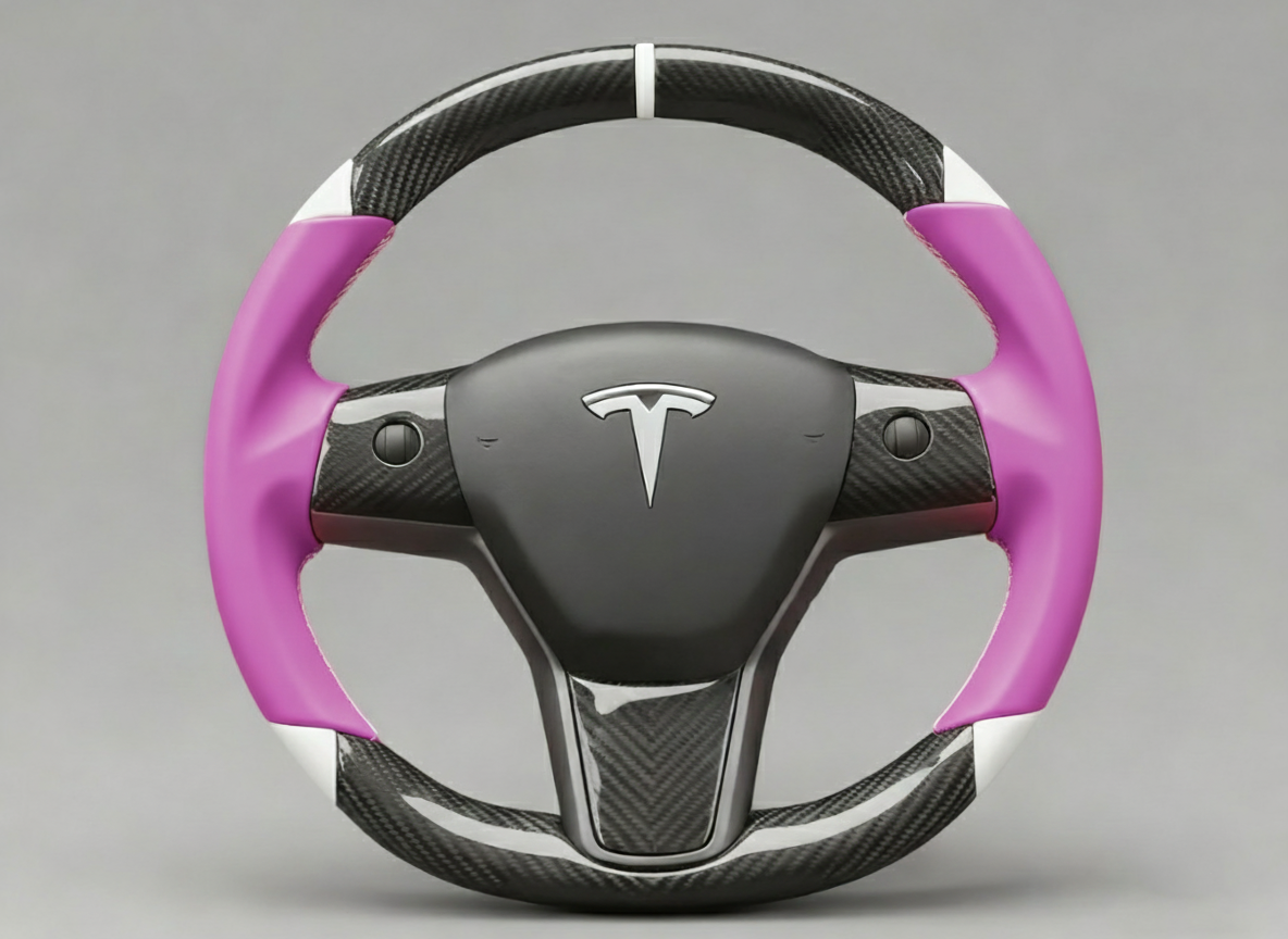 Pinkish purple and white leather black carbon fiber Tesla Model Y steering wheel - DYNA (2020-2024) Axeco