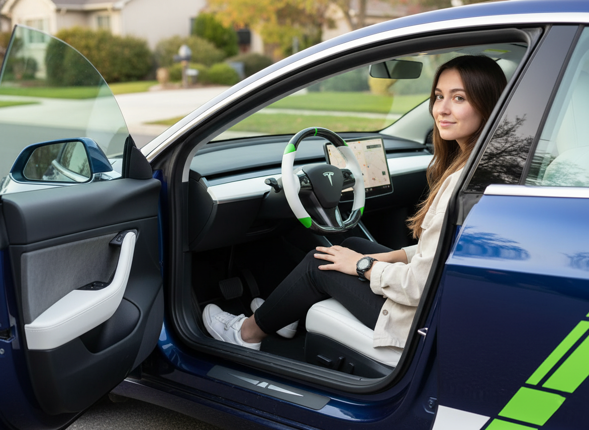 White and green leather black carbon fiber Tesla Model Y steering wheel - DYNA (2020-2024) Axeco