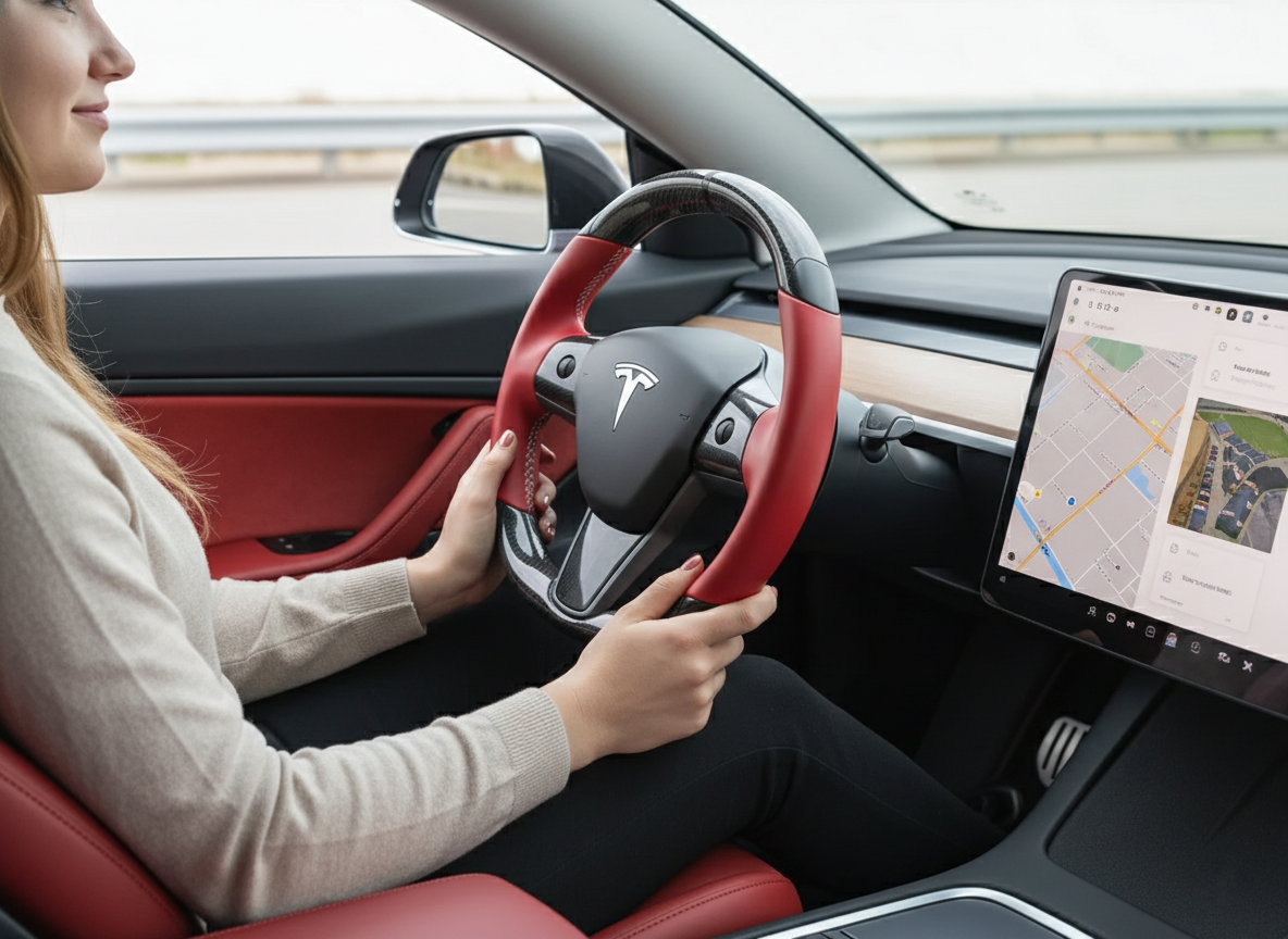 Red and black leather black carbon fiber Tesla Model Y steering wheel - DYNA (2020-2024) Axeco