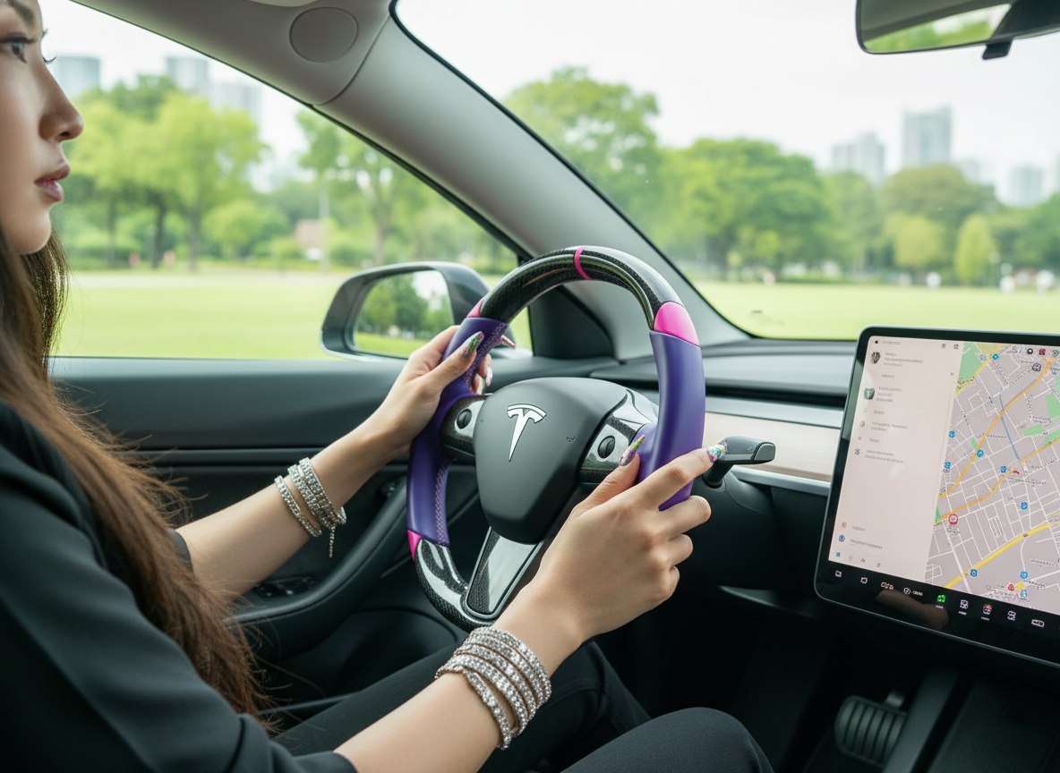 Purple and pink Carbon Fiber Tesla Model 3 Custom Steering Wheel -DYNA(2017-2023.9) Axeco