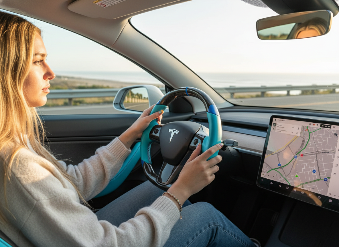 light blue leather black carbon fiber Tesla Model Y steering wheel - DYNA (2020-2024) Axeco