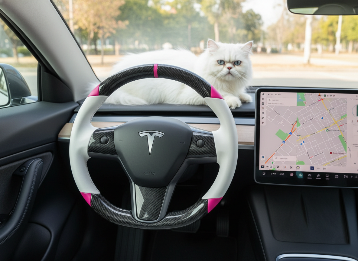 White and pink Carbon Fiber Tesla Model 3 Custom Steering Wheel -DYNA(2017-2023.9) Axeco