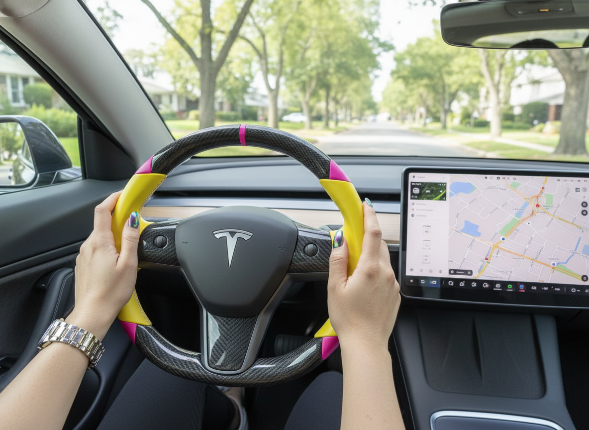 Yellow and pink Carbon Fiber Tesla Model 3 Custom Steering Wheel -DYNA(2017-2023.9) Axeco