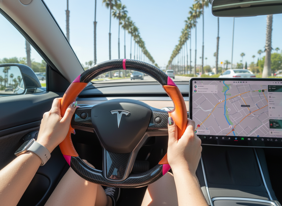 Orange and pink Carbon Fiber Tesla Model 3 Custom Steering Wheel -DYNA(2017-2023.9) Axeco