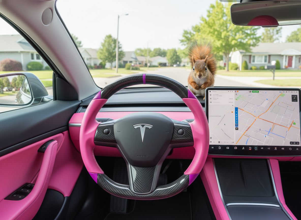 Pink and purple leather black carbon fiber Tesla Model Y steering wheel - DYNA (2020-2024) Axeco