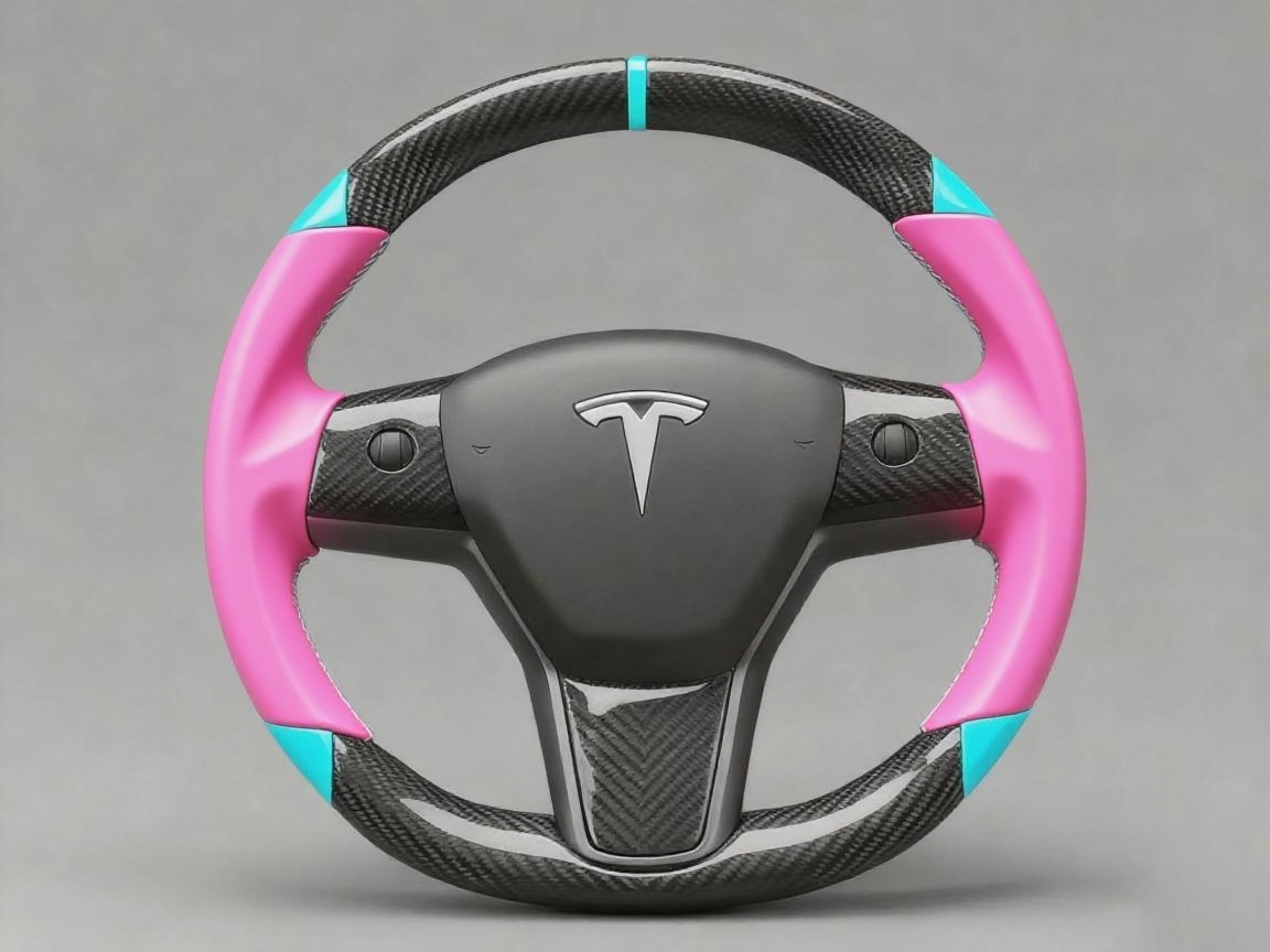 Pink and light blue leather black carbon fiber Tesla Model Y steering wheel - DYNA (2020-2024) Axeco