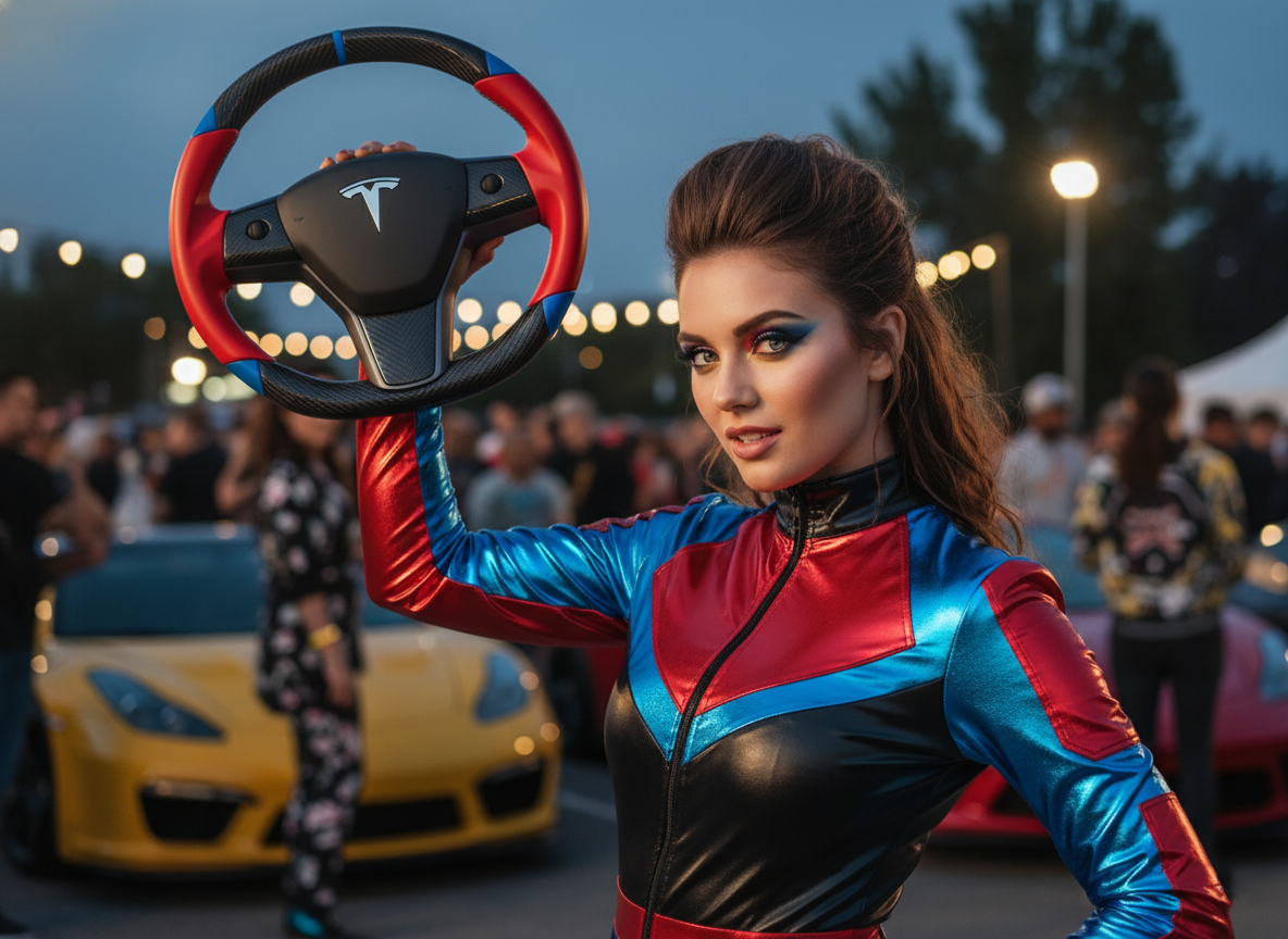 red and blue leather black carbon fiber Tesla Model Y steering wheel - DYNA (2020-2024) Axeco