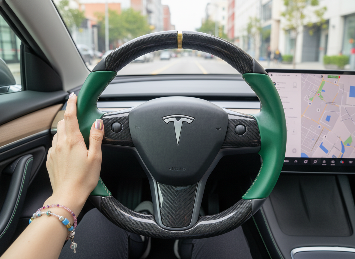 Green and black Carbon Fiber Tesla Model 3 Steering Wheel -DYNA(2017-2023.9) Axeco