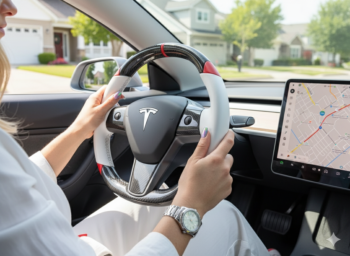 White and red Carbon Fiber Tesla Model 3 Custom Steering Wheel -DYNA(2017-2023.9) Axeco