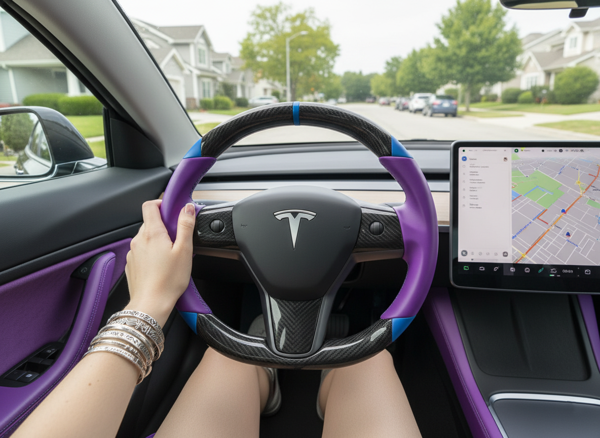 Purple and blue leather black carbon fiber Tesla Model Y steering wheel - DYNA (2020-2024) Axeco