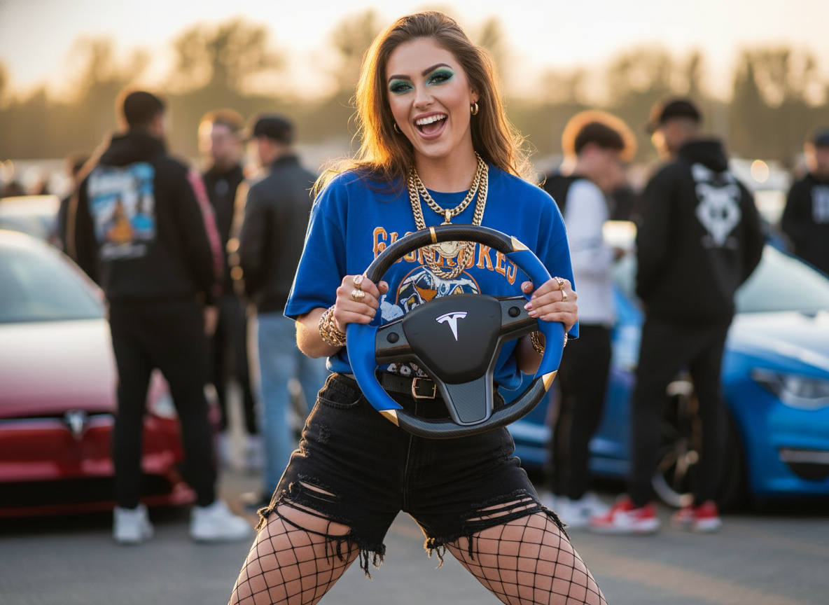 Blue and gold leather black carbon fiber Tesla Model Y steering wheel - DYNA (2020-2024) Axeco