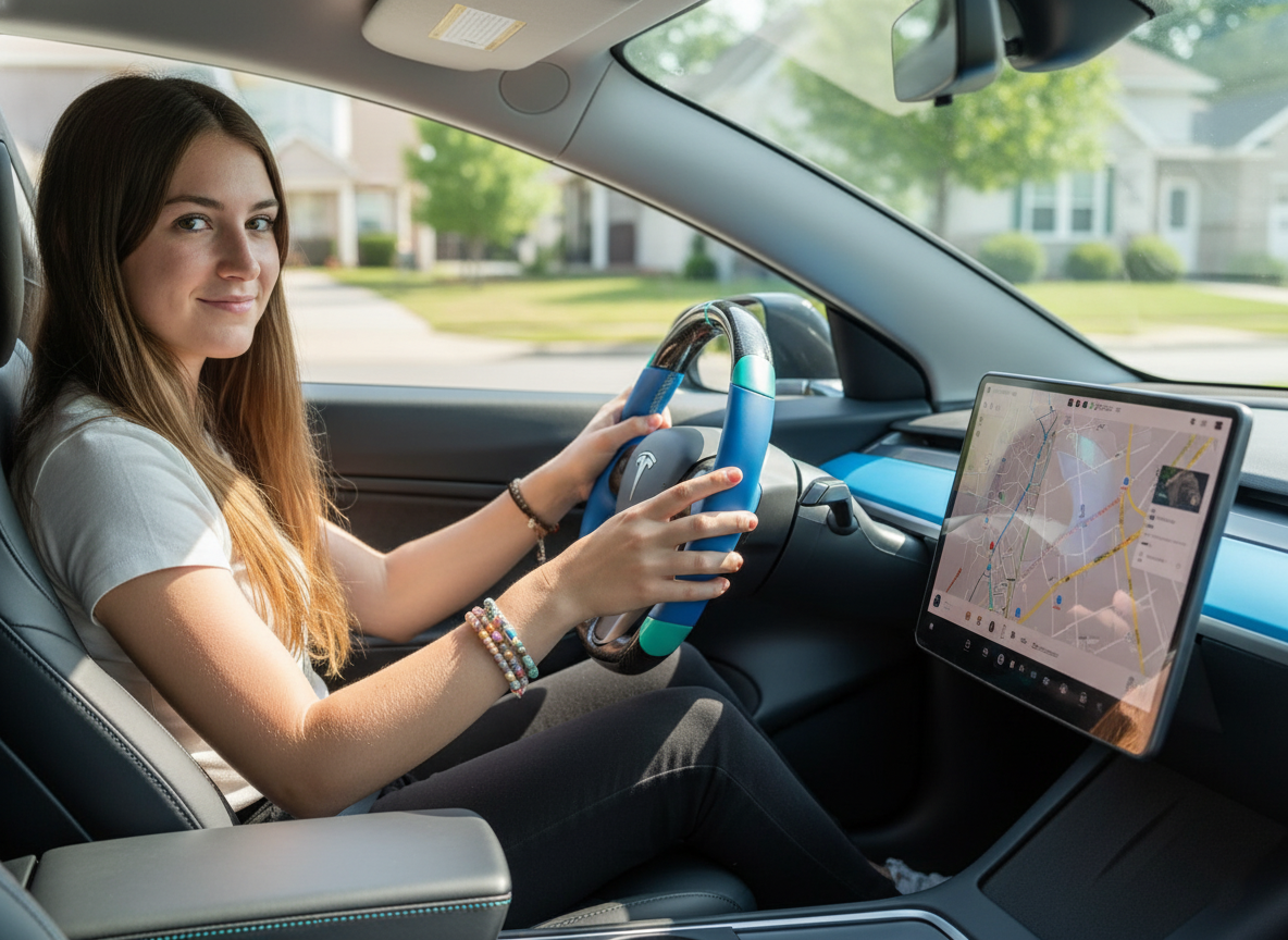 Blue and light blue leather black carbon fiber Tesla Model Y steering wheel - DYNA (2020-2024) Axeco
