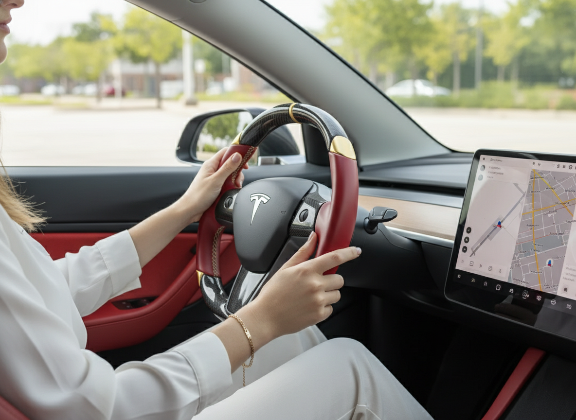 Red-Golden Carbon Fiber Tesla Model 3 Steering Wheel -DYNA(2017-2023.9) Axeco