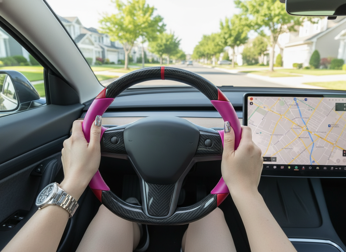 Pink and red Carbon Fiber Tesla Model 3 Custom Steering Wheel -DYNA(2017-2023.9) Axeco