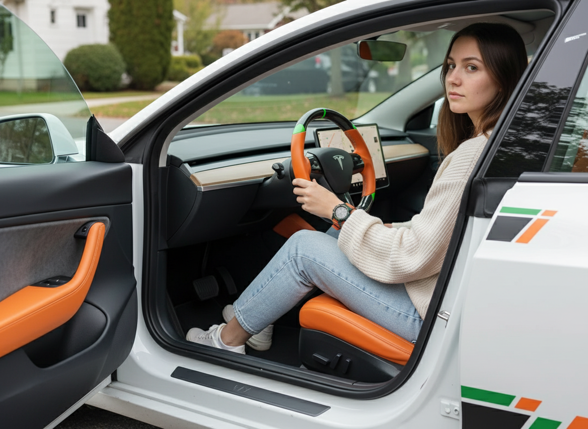 Orange and green leather black carbon fiber Tesla Model Y steering wheel - DYNA (2020-2024) Axeco