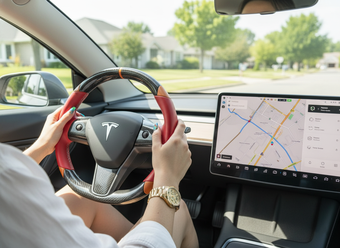 Red and orange Carbon Fiber Tesla Model 3 Custom Steering Wheel -DYNA(2017-2023.9) Axeco