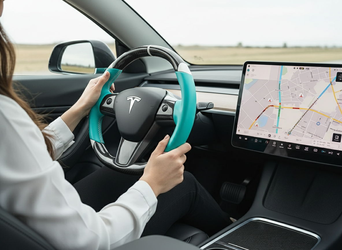 Light blue and white Carbon Fiber Tesla Model 3 Custom Steering Wheel -DYNA(2017-2023.9) Axeco